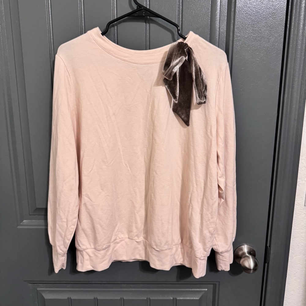 AnyBody Cream Cotton Modal Blend Sweater with Brown Bow